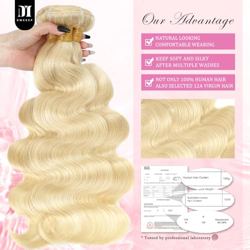 DMKEEP 613 Bundles Human Hair 20 Inch - 12A Blonde Body Wave Bundles 100% Unprocessed Brazilian Virgin Hair Single Bundle 100g Quick Weave Real Human Hair Extensions
