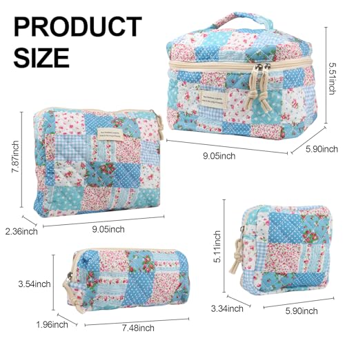 VIWIME Makeup Cosmetic Bag, Large Cotton Quilted Travel Coquette Aesthetic Cute Floral Make up Bag for Women Toiletry Bag Organizer (204- Gird Rose / 4Pcs)