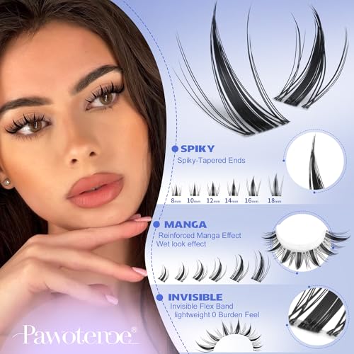 Pawotence Manga Lash Clusters Kit Eyelash Clusters 8-18mm Lash Extension Kit Fairy Individual Lashes Cluster Wispy with Lashes Cluster Glue, Tweezers for Invisible Band Cluster Eyelash Extensions Kit