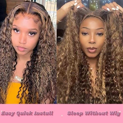 Highlight Ombre 4/27 Human Hair Wear and Go Glueless Deep Wave Curly Wet and Wavy Lace Front Wigs Pre Plucked Pre Cut 5x5 HD Lace Closure Wigs for Black Women 30 Inch