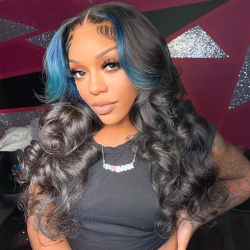 JYZ Skunk Stripe Wig Human Hair Lace Front Blue Lace Front Wig Human Hair Wavy 13X4 HD 200% Density Highlight Wigs Pre Plucked with Baby Hair 26inch Middle Part