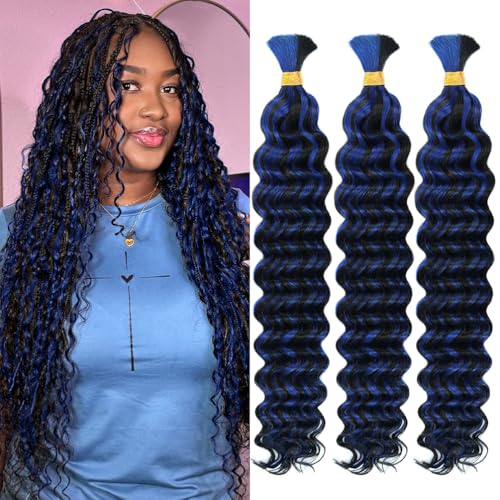 Human Braiding Hair for Boho Knotless Braids 3 Bundles 22 Inches 180g Deep Wave 10A Brazilian Virgin Human Bohemian Hair for Braiding 1bPblue