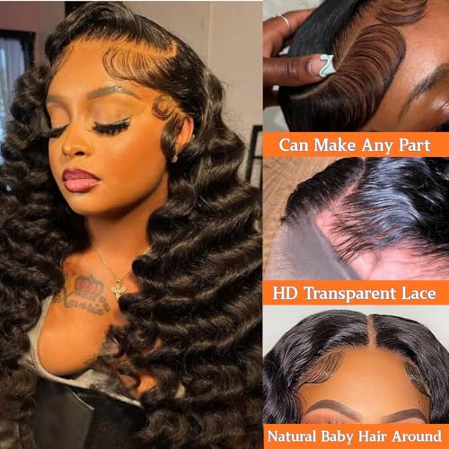13x6 Deep Wave Lace Front Wigs Human Hair 200 Density 13x6 HD Transparent Deep Curly Lace Frontal Wig Pre Plucked with Baby Hair Wet and Wavy Glueless Wigs Natural Black for Women
