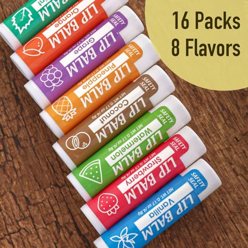16 Pack Lip Balm, Natural Lip Balm Bulk with Vitamin E and Coconut Oil, Moisturizing Lip Balms for Dry Cracked Lips, Lip Balms for Stocking Stuffers - 8 Flavors