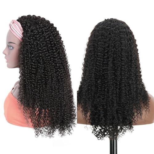 XSY Headband Wig Human Hair Kinky Curly 20 Inch Headband Wigs for Black Women Deep Curly Human Hair Wigs None Lace Front Wig 150% Density Natural Black Color
