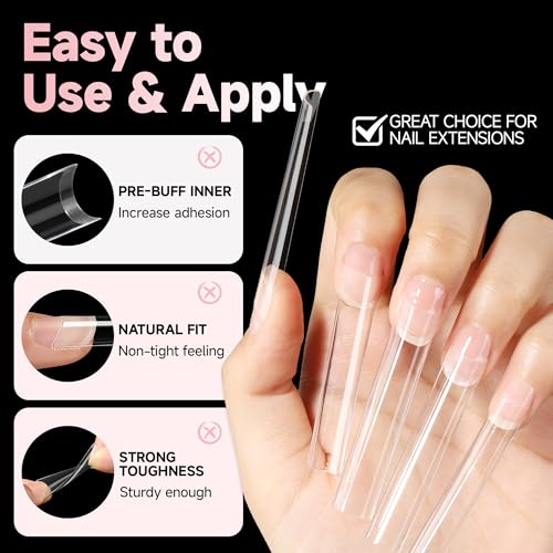 UNA GELLA No C Curve Tapered Square Nail Tips 216Pcs - 3XL Half Cover Clear Acrylic False Straight Nail Tips Long Soft Square Gel Tips Press on Nails for Nail Extensions DIY 12 Sizes With Box