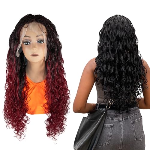 Micro Boho Natural Deep Curly Wave Box Braided Wig - Knotless Braided Wigs - Curly Hair Wig with Natural Baby Hair - Full Lace 360 Wig Korea beauty fiber (#1B118 Off Black and Burgundy, 24¡±)