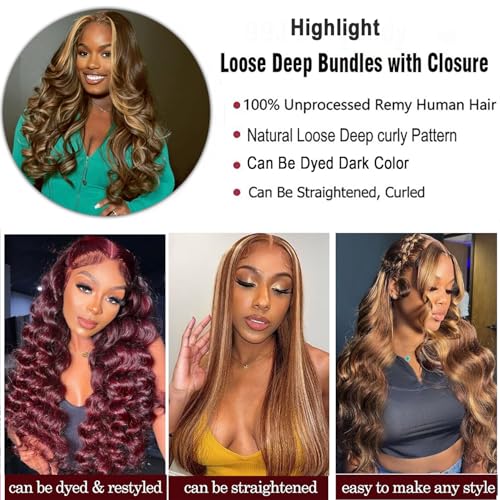 Loose Deep Wave Human Hair Bundles With Closure 20 22 24+20inch Ombr? Highlight Bundles Human Hair with 4x4 Lace Closure Highlight Brown Blonde Colored