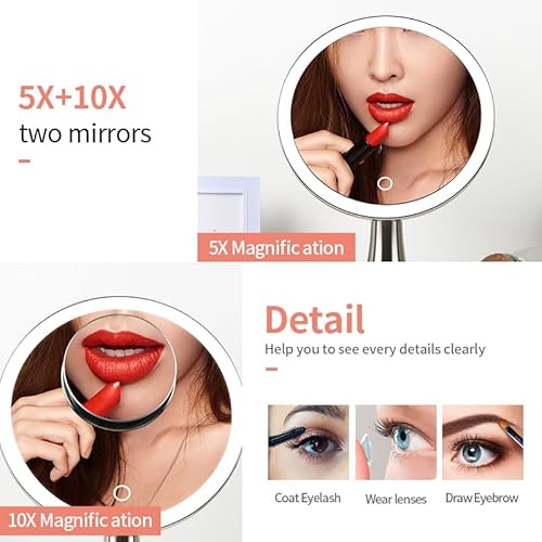 9inch Lighted Round Makeup Vanity Mirror, 5X/10X Dual Magnification with Ultra Bright LED Lights Beauty Mirror, Rechargeable, Cordless, Touch Control Adjustable Brightness, Brushed Stainless Steel