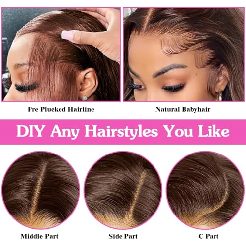30 Inch Chocolate Brown Lace Front Wig Body Wave Brown Wig Human Hair Pre Plucked for Women 13x6 Brown Glueless Human Hair Wig