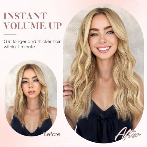 S-noilite Halo Hair Extension Invisible Wire in Real Remy Human Hair Extensions with Clips Adjustable Hidden Wire in Hair Extension for Women 16 inch Medium Brown Highlighted Honey Blonde