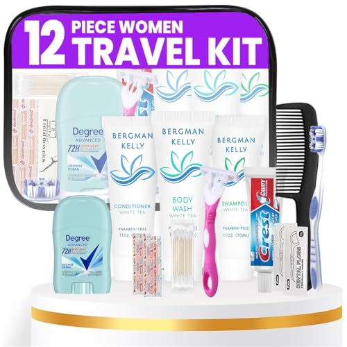 Trektote Travel Toiletry Kit For Women ? (100 Pack) 12 Piece Set Of Travel Size Toiletries, TSA Compliant, Travel Essentials, Includes Shampoo And Conditioner, Body Wash, Toiletry Bag & More