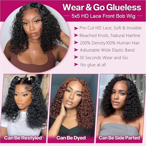 Wear and Go Glueless Wigs Human Hair Pre Plucked Pre Cut 5x5 HD Lace Closure Wigs Human Hair Ready to Wear Water Wave Lace Front Glueless Wig for Black Women Curly Wig Natural Black 16 Inch