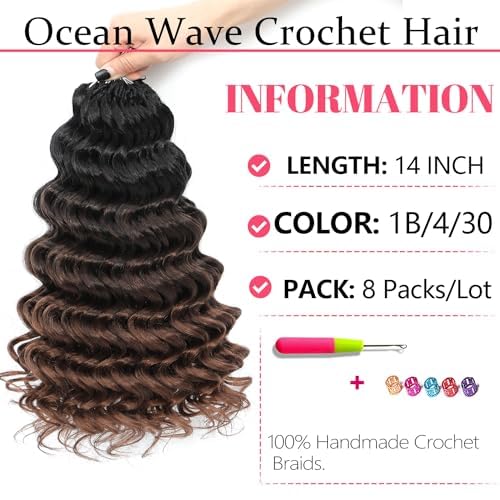 Ocean Wave Crochet Hair 14 Inch 8 packs Deep Wave Crochet Hair Synthetic Curly Crochet Braiding Hair for Black Women (14 Inch, 8 packs, 1B/4/30)