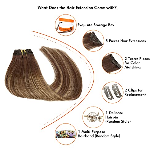 SEACOLOR Stock Clearance Special: Grab Your 20 Inch, 150g Balayage Chocolate Brown Mixed with Caramel Blonde Remy Clip-In Hair Extensions, 100% real Human Hair #T4/27/4 Chocolate Brown Highlight