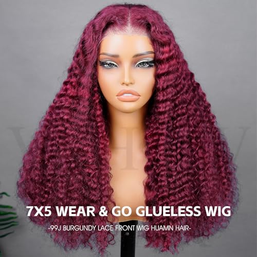 V SHOW 99J Burgundy Lace Front Wigs Human Hair 180% Density Deep Wave 7x5 HD Lace Closure Wig Human Hair Wine Red Glueless Wigs Human Hair Pre Plucked Pre Cut Burgundy Wig 20 Inch