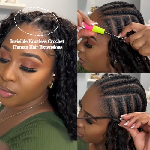 Deep Wave Curly Crochet Hair Extensions Knotless Pre-Separated Feather Crochet Real Human Hair for Women Reusable Micro Twists with String Fullness Curly Human Hair Extensions 18inch 120g
