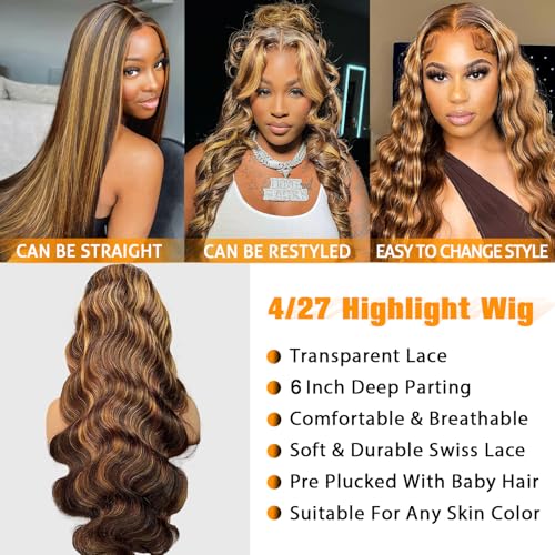28 Inch Highlight Ombre Lace Front Wigs Human Hair 13x6 Body Wave Frontal Wigs Pre Plucked With Baby Hair 180% Density 4/27 Colored Honey Blonde Wig Human Hair for Women