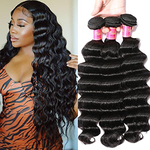 Nadula Brazilian Loose Deep Wave Hair 3 Bundles Human Hair, Unprocessed Virgin Loose Deep Hair Weave Extension Natural Color (16 18 20)