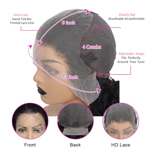 13x6 Deep Wave Lace Front Wigs Human Hair 180% Density Transparent Frontal Lace Wigs Human Hair for Women Deep Curly Glueless Wigs Human Hair Pre Plucked with Baby Hair 32 Inch Natural Black