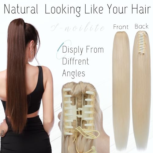 S-noilite Claw Clip Ponytail Extension Human Hair #60 Platinum Blonde Real Remy Human Hair Ponytail Extension 20inch Long Straight Hair Pony Tails Hair Extensions For Women 120Grams