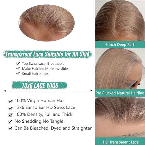 Munx Glueless Wig Human Hair, 13x6 HD Lace Front Straight Wigs for Black Women Ash Blonde Colored Pre-Bleached Invisible Knots Frontal Wig 24in Thick 180% Density Real Human Hair Wigs