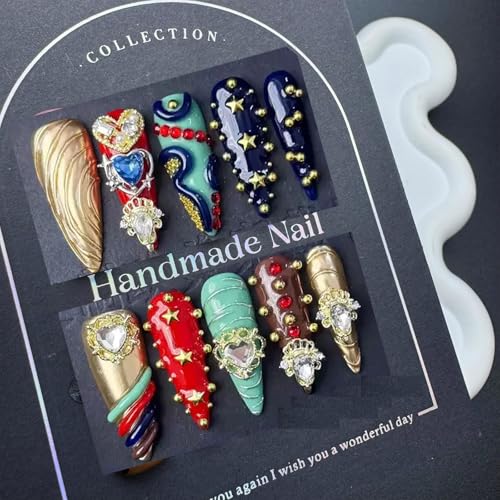 100% 5D Handmade Press on Nails with Heart Charms Long Stiletto Nails Press ons Gorgeous False Nails Rhinestones Press on Nails Handmade Nails for Women Girls Daily Wear DIY Manicure Size L
