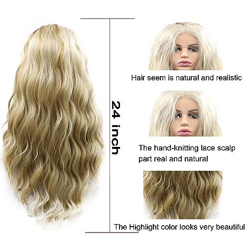 613 Lace Wig Blonde Curly Lace Front Wigs Brown Blonde Highlight Long Water Wave Synthetic Lace Front Wig Pre-plucked Hairline Glueless Wigs for Black Women Girls Daily Party 26 Inch