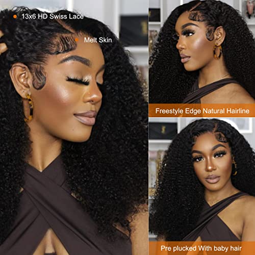 13x6 Lace Front Wigs Human Hair 24Inch HD Transparent Kinky Curly Frontal Closure Wig for Women 180% Density Kinky Curly Wigs Pre Plucked With Baby Hair Lace Frontal Wigs