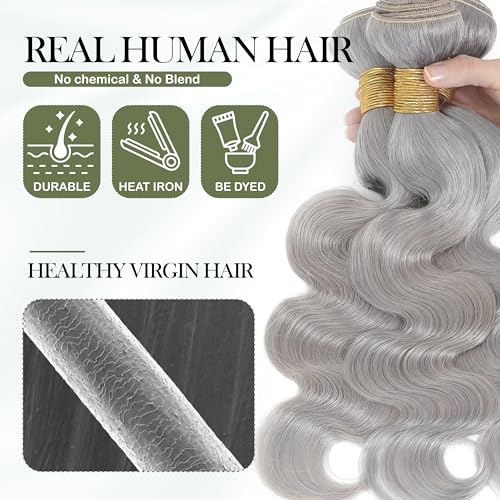 Grey 2 Bundles Human Hair Body Wave, 12A Soft and Thick 100% Unprocessed Remy Hair Lavender Silver Gray Human Hair Sew In Quick Weave Bundles Short Wavy Sew In Extension (14/14 Inch, 2PC)