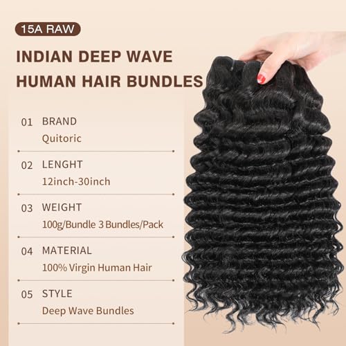 15A Raw Human Hair Deep Wave Bundles 20 22 24 Inch Deep Water Wave Bundles Human Hair Wet and Wavy Double Drown Weft Hair Extensions Natural Black Hair Bundle for Women