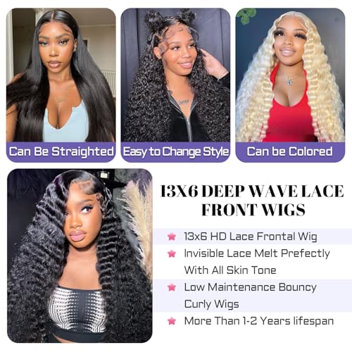 Sathen Full 13x6 Deep Wave Lace Front Wigs Human Hair 24 Inch 200% Density Deep Wave Lace Frontal Wigs 13x6 Full Lace Frontal Wig HD Transparent Deep Wave Wig Pre Plucked with Baby Hair