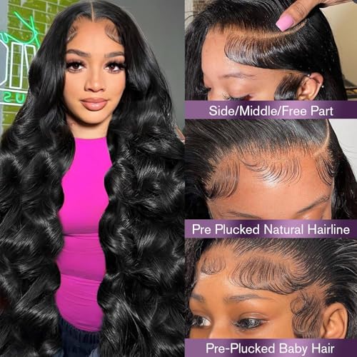 13x6 Body Wave Lace Front Wigs Human Hair 180 Density HD Lace Frontal Wigs Human Hair Pre Plucked Human hair Wig for Women Natural Black 32inch