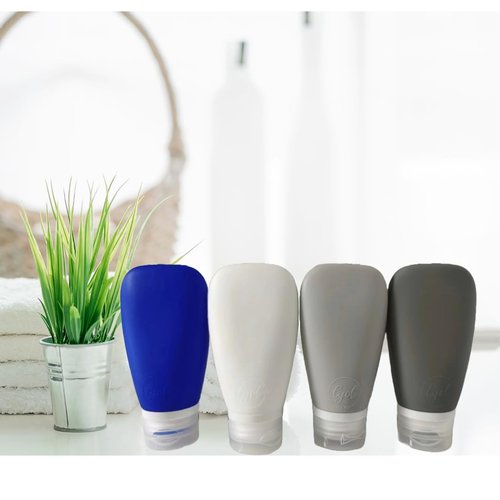 LYOB Travel Bottles for Toiletries, TSA Approved 3oz Leak Proof Silicone Refillable Squeeze Travel Size Containers BPA Free for Cleansers, Lotions, Shampoo, Conditioner 4pk With Bag(W,G,Blk,Bl)