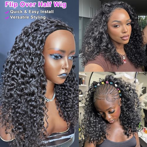 BLG Burmese Water Wave Half Wig Human Hair 250% Density 15A Messy Curly Human Hair Invisible Hairline 3 In 1 Half Wigs 22 Inch Quick Install Wear and Go Drawstring Wig Beginners Friendly Glueless Wigs