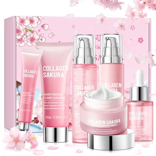 Collagen Sakura Skincare Gift Set, Cherry Blossom Skin Care Set for Teen Girls & Women, Moisturizing & Revitalizing Skin, 6Pcs Collagen Skin Care Routine Kits for Face, Korean Daily Skin Care