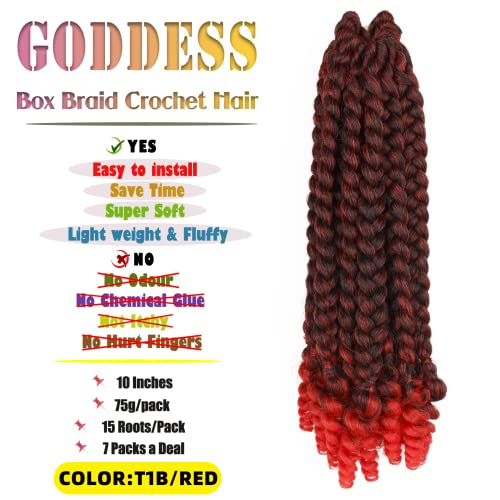 Short Goddess Box Braid Crochet Hair For Black Women and Baby Kids- 7 Packs 10 Inches Ombre Red, Synthetic Hair With Toni Curl Ends Extensions (10 Inch-7Packs,T1B/Red)