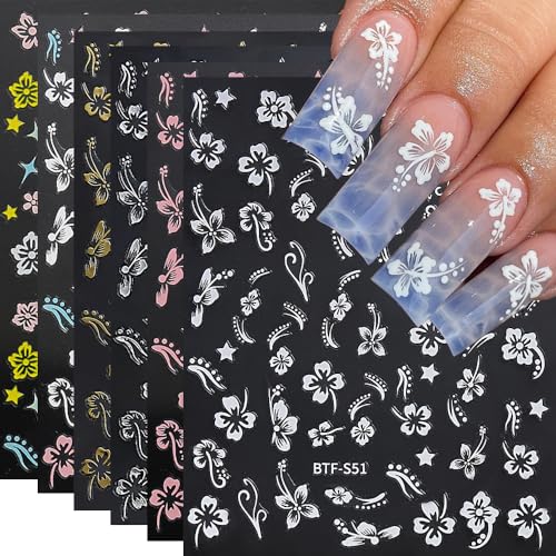 Flower Nail Stickers, Hibiscus Nail Decals 3D Self-Adhesive White Pink Gold Flower Pattern Summer Hibiscus Nail Design Manicure Tropical Accessories for Women Girls(6Sheets)