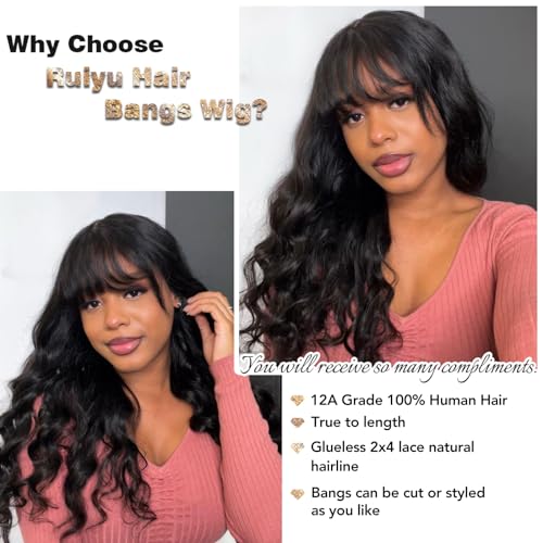 Ruiyu Body Wave Wig with Bangs 2x4 Lace 180% Density Front Wigs for Black Women Human Hair 100% Brazilian Human Hair 22 Inch