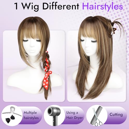 Wig with Bangs for Women Ash Blonde with Silver Highlights-Dark Roots Straight Face-Framing Layers Hairstyle 4x4 Realistic Scalp Glueless Synthetic Wigs Medium Length for Everyday Use
