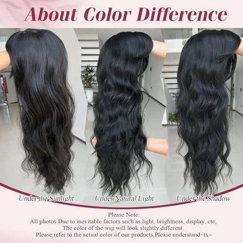 LEOSA Black Wig for Women,Long Wavy Layered Wig with Curtain Bangs 26 Inch Middle Part Curly Wavy Synthetic Wig for Daily Party Use,Natural Black