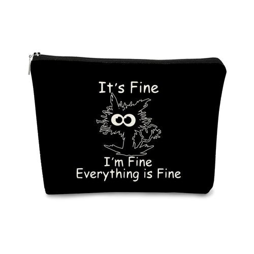 Funny Cute Cat Makeup Bag,Cat Lover Gifts For Women,Its Fine Im Fine Everythings Fine,Black Cat Cosmetic Bag Small Pouch,Birthday Gift,Coworker Gifts(Black)
