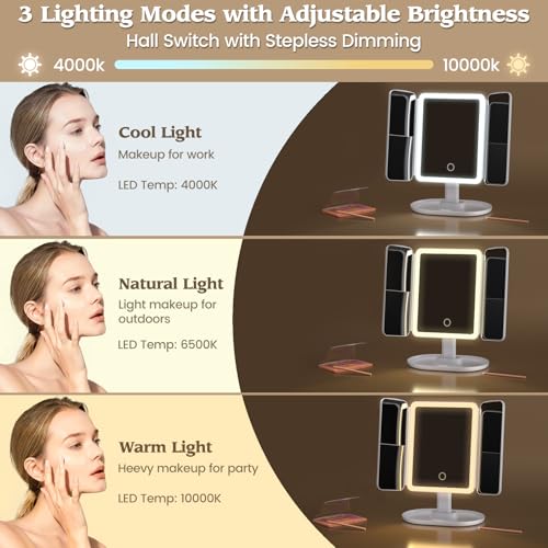 Lupow Makeup Mirror Vanity Mirror with 3 Lighting and Adjustable Brightness,Detachable Height-Adjustable Dresser Mount,2X,3X,10X Magnification,Suitable for Bathrooms,Vanity,Ideal Gifts for Women