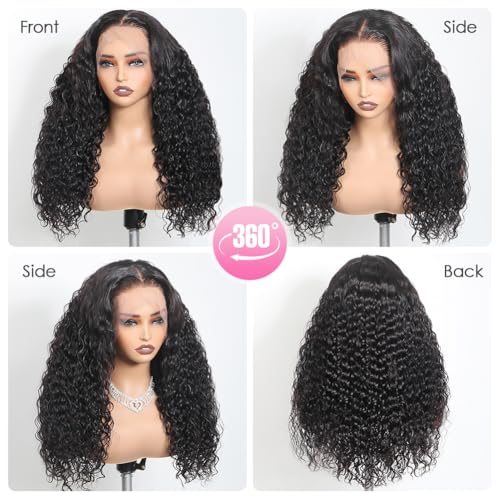 Hidden Strap Water Wave 360 Wigs Human Hair Pre Plucked 180 Density Drawstring Wig Human Hair Wet and Wavy HD Full Lace Frontal with Baby Hair (18 inch)