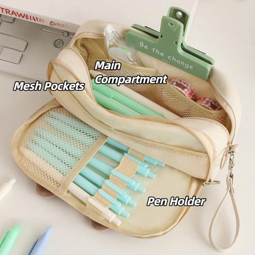 Kitty Cat Pencil/Pen Pouch 4-Layers Extra Capacity Cosmetic Organizer Pen Brush Holder Mesh Pockets (4 Layers - Black)