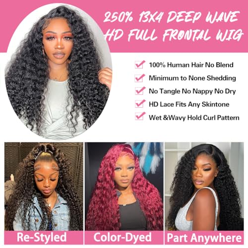 250 Density 30 Inch Deep Wave Lace Front Wigs Human Hair Hd Lace Front Wigs Curly Wig Wet And Wavy Pre Plucked 100% Real Human Hair No Synthetic Blend No Tangle No Shedding Triple Lifespan 3X