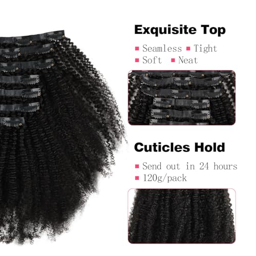 Sassina Remy Human Hair Clip in Extensions Afro Seamless Invisible Double Weft Human Hair Extensions Full Head Natural Black Curly 22 Inch 120g PU Clip in Brazilian Virgin Human Hair 7PCS