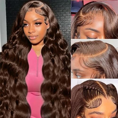 Chocolate Brown Lace Front Wig Human Hair - 13x6 HD Body Wave Brown Lace Front Wigs Pre Plucked with Baby Hair, 180% Density Glueless Colored Brown Frontal Wigs 30 inch