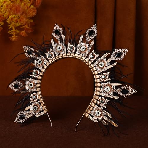 Fantasy Halo Crown Hedpiece - Handmade Zip Tie Greek Goddess Feather Crown Renfaire Spiked Headband for Halloween