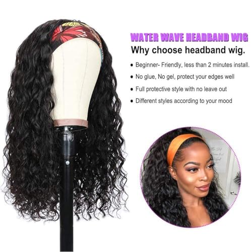 Long Headband Wig Human Hair Water Wave Headband Wigs for Women Curly Wigs Glueless No Lace Front Wig Brazilian Virgin Human Hair 180% Density Natural Black Color 28Inch